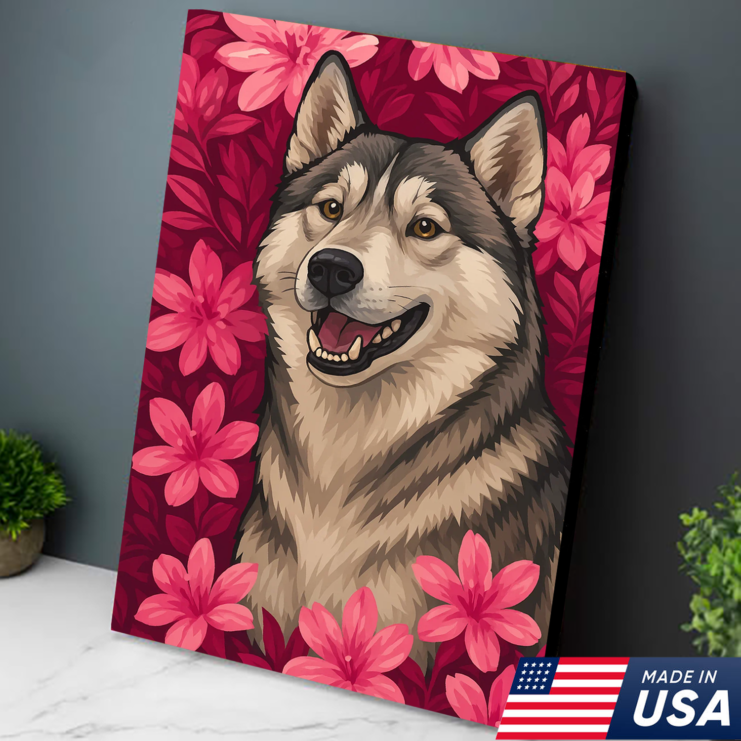 Retrato Personalizado de Mascota - Lienzo de Retrato de Perro Gato con Flores Personalizado