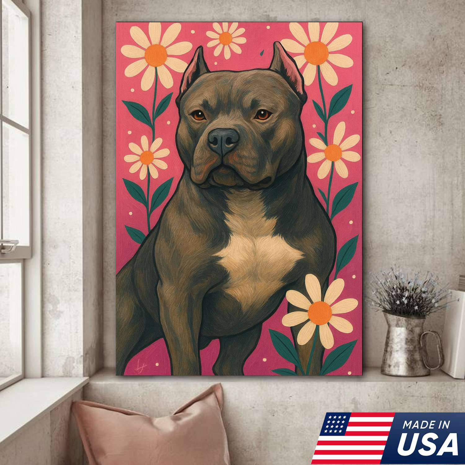 Retrato de mascota personalizado - Lienzo con retrato de perro o gato y flores personalizadas