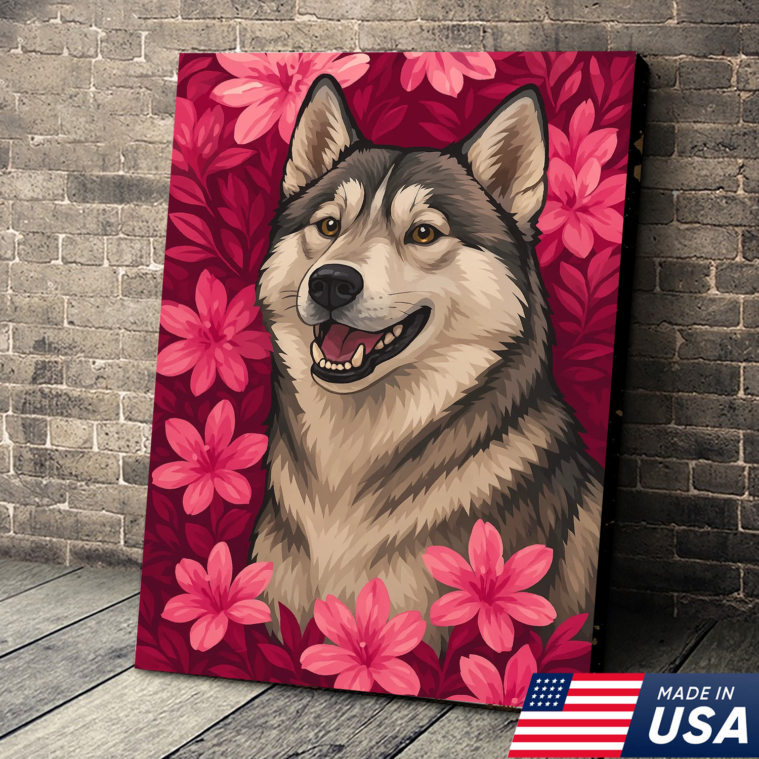Retrato Personalizado de Mascota - Lienzo de Retrato de Perro Gato con Flores Personalizado