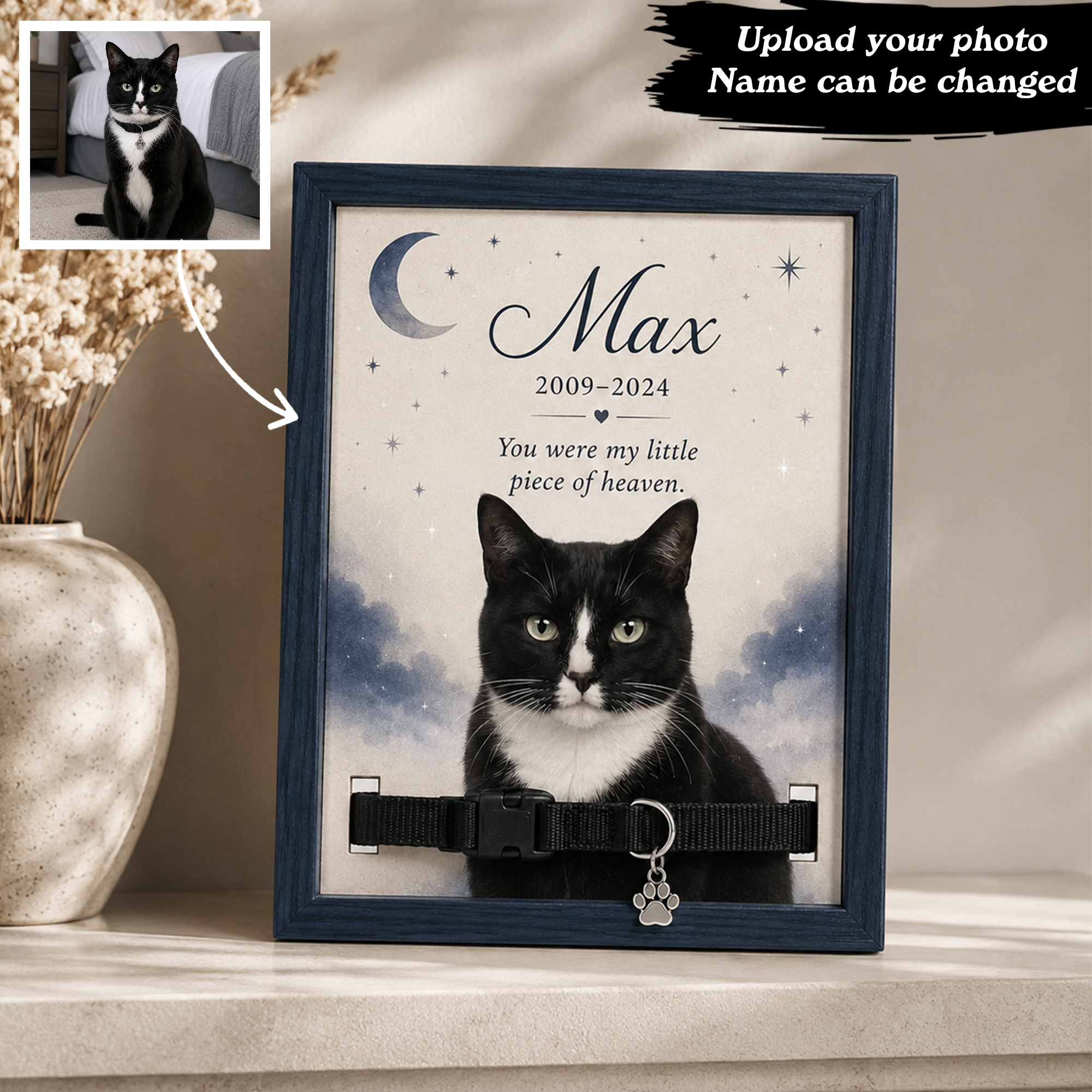 Personalized Celestial Pet Memorial Collar Display – Custom Photo Keepsake
