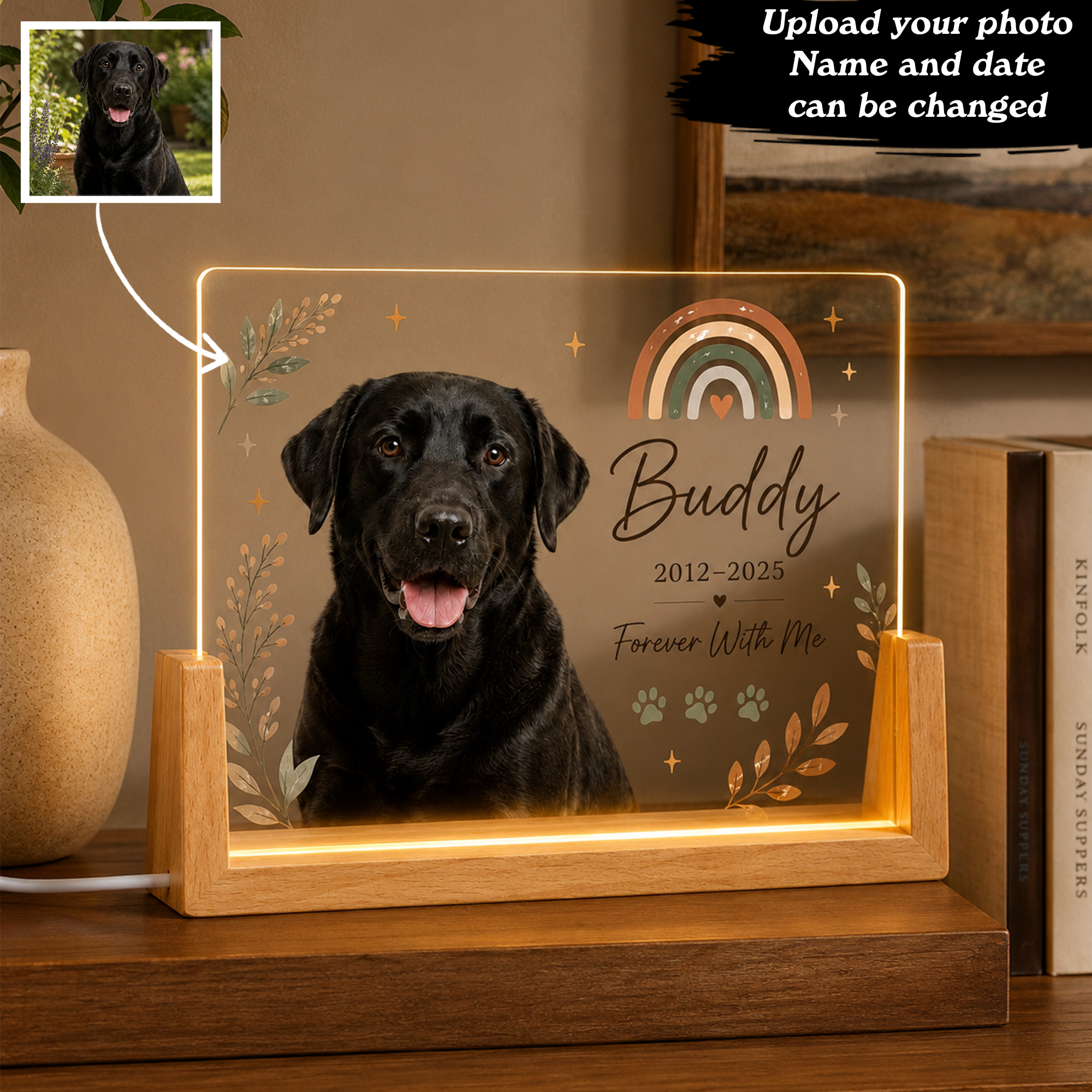Personalized Boho Rainbow Pet Memorial Night Light – Custom Photo Tribute