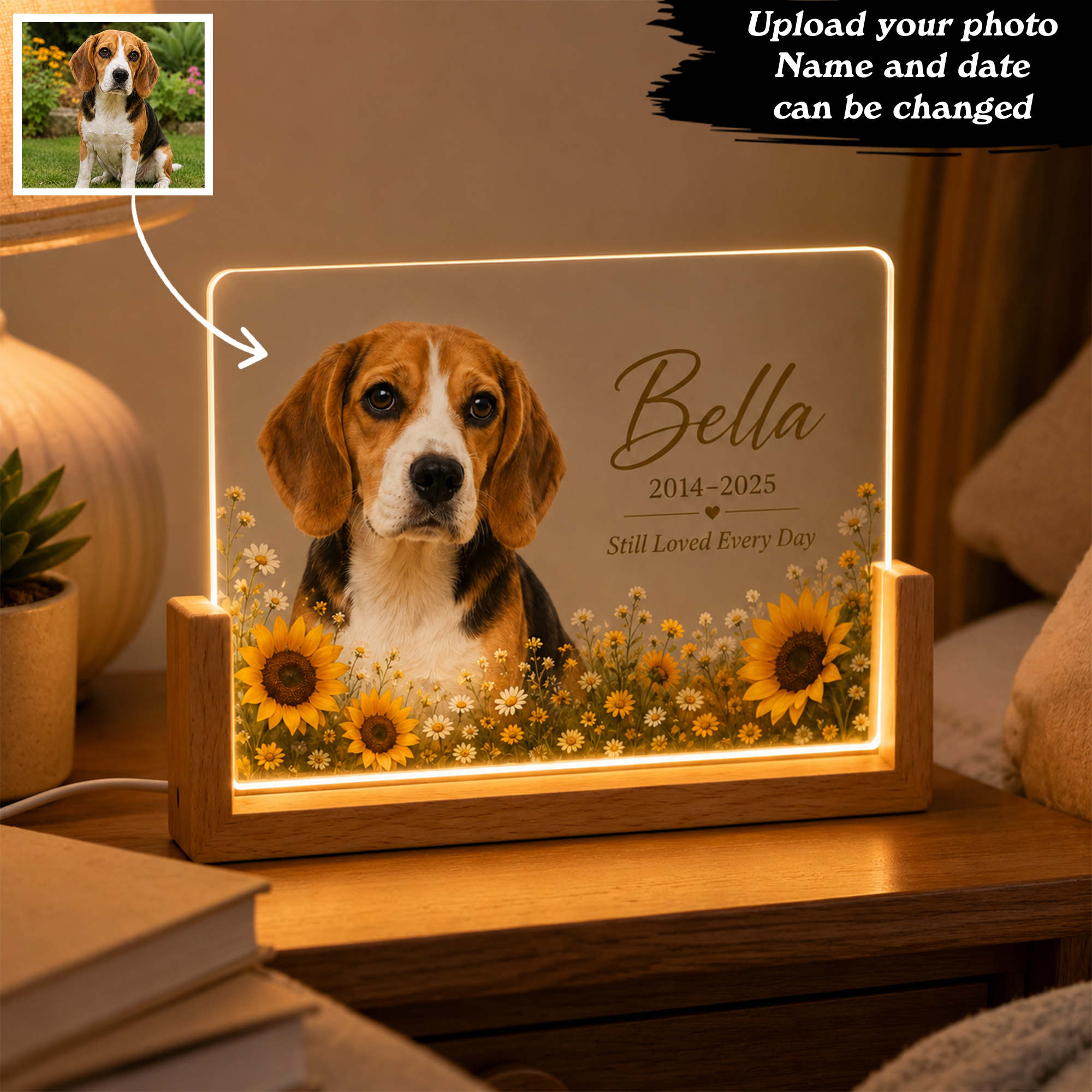 Personalized Sunflower Pet Memorial Night Light – Custom Dog & Cat Photo
