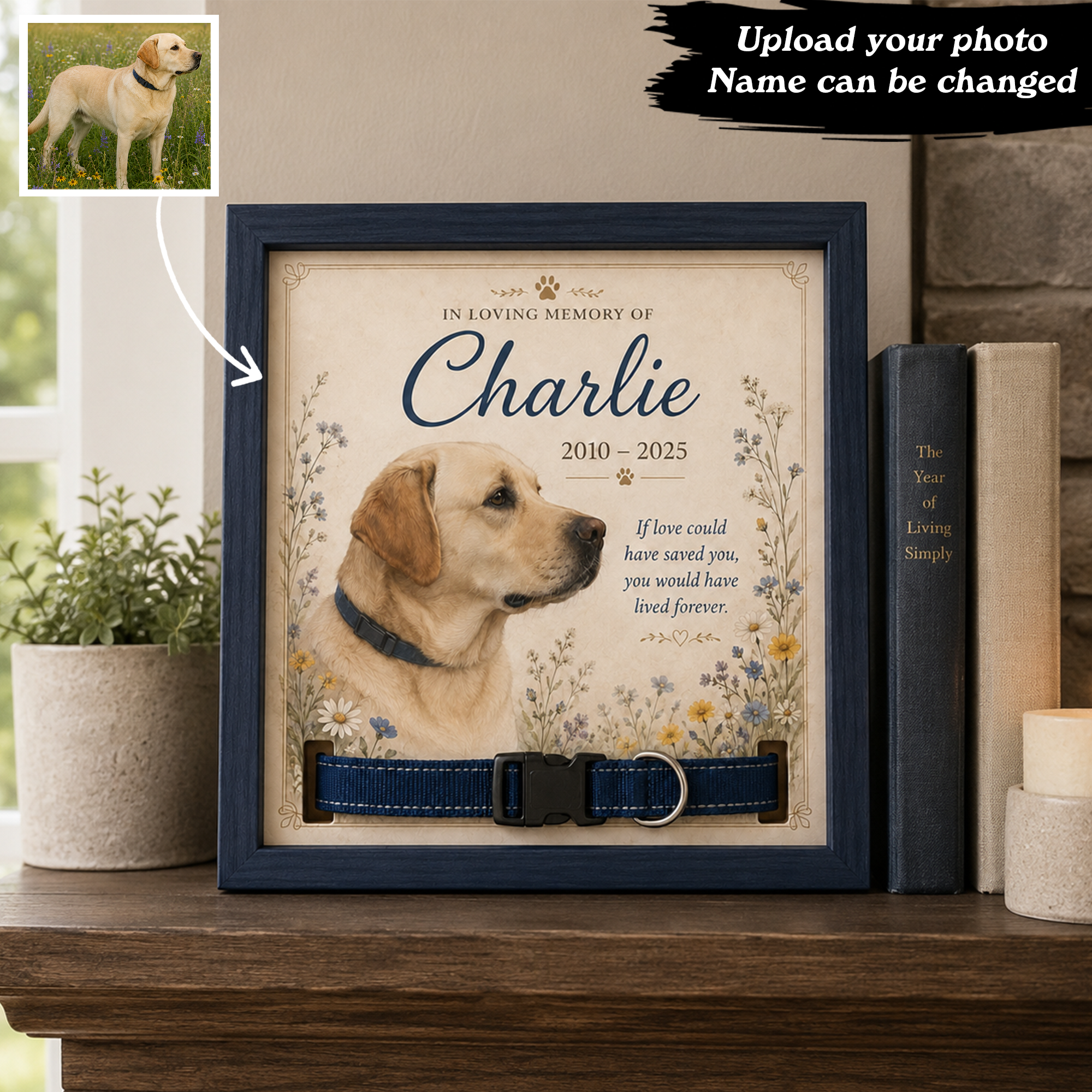 Personalized Floral Pet Memorial Collar Frame – Custom Dog & Cat Tribute
