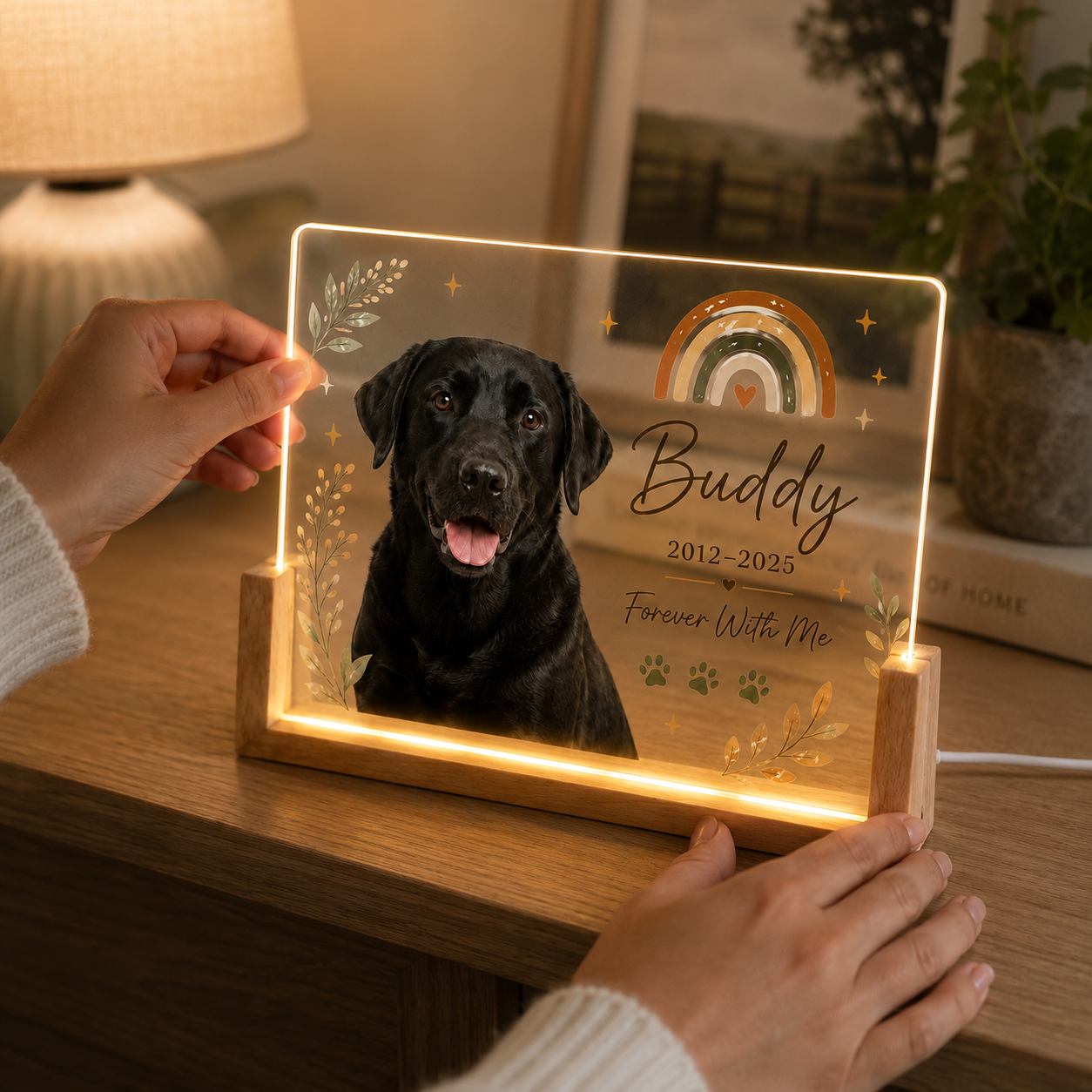 Personalized Boho Rainbow Pet Memorial Night Light – Custom Photo Tribute