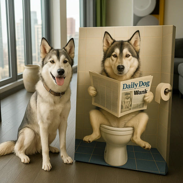 Custom Pet Portrait - Dog Reading Newspaper in Toilet