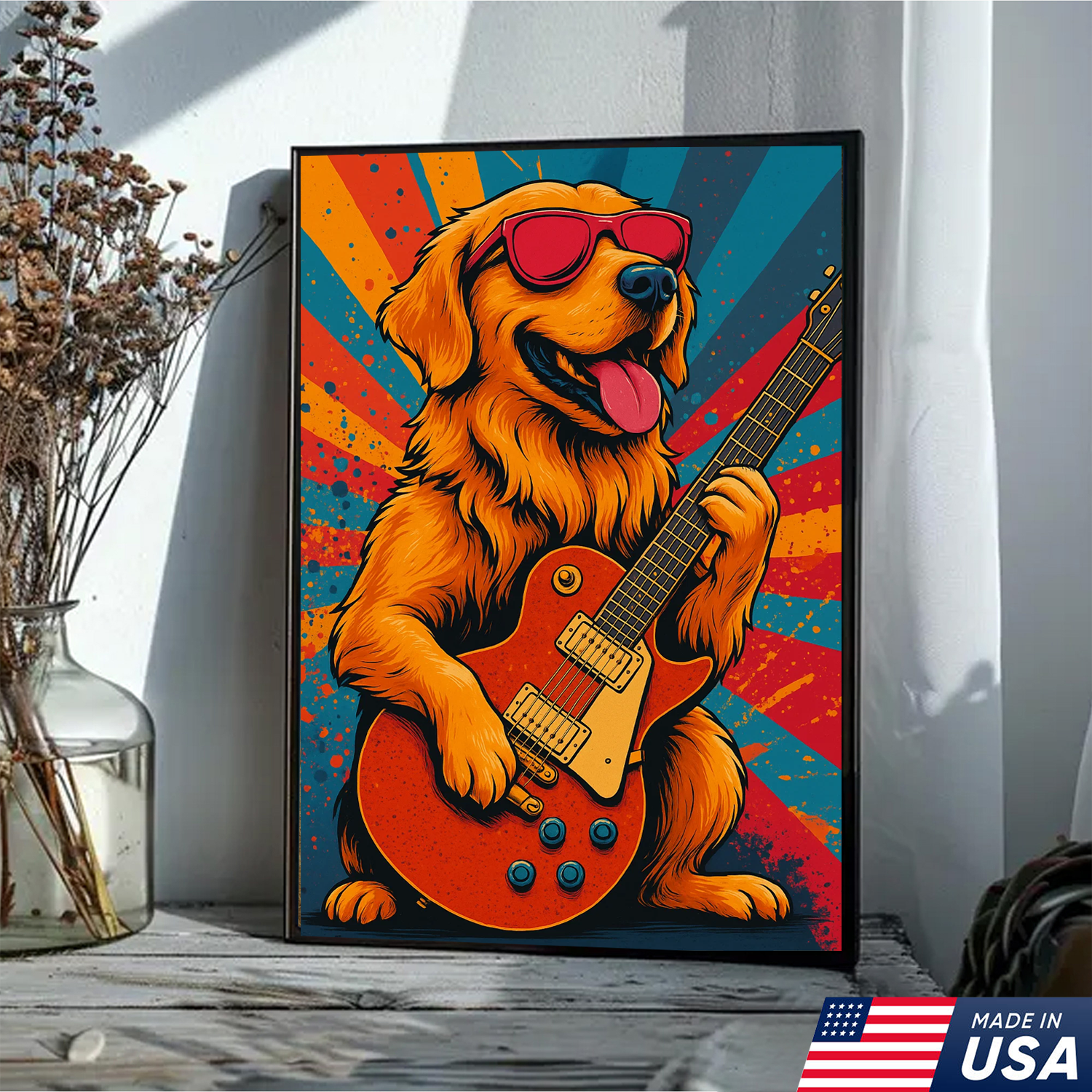 Retrato Personalizado de Mascota - Lienzo de Perro Gato Tocando la Guitarra