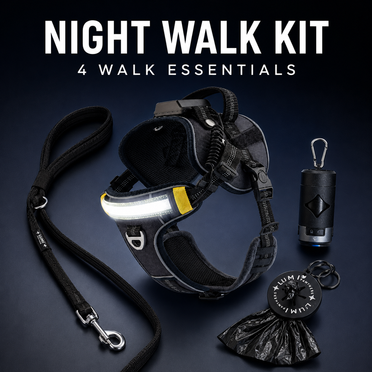 Dog Night Walking Kit – Light-Up Harness, Leash & Cleanup Accessories