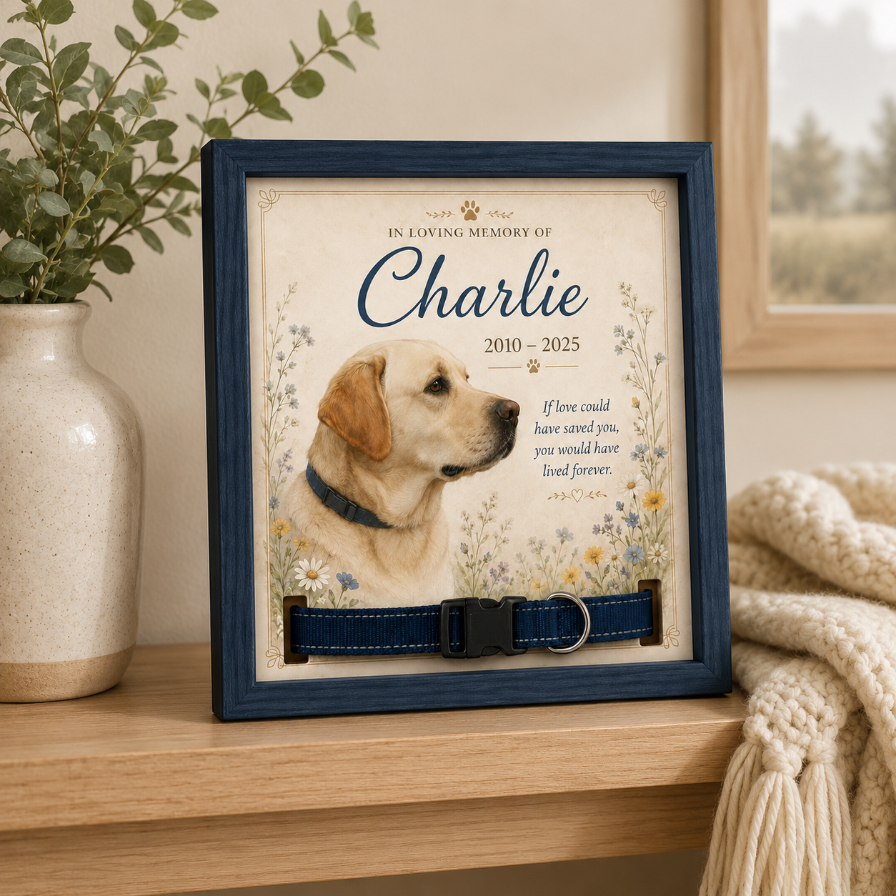 Personalized Floral Pet Memorial Collar Frame – Custom Dog & Cat Tribute
