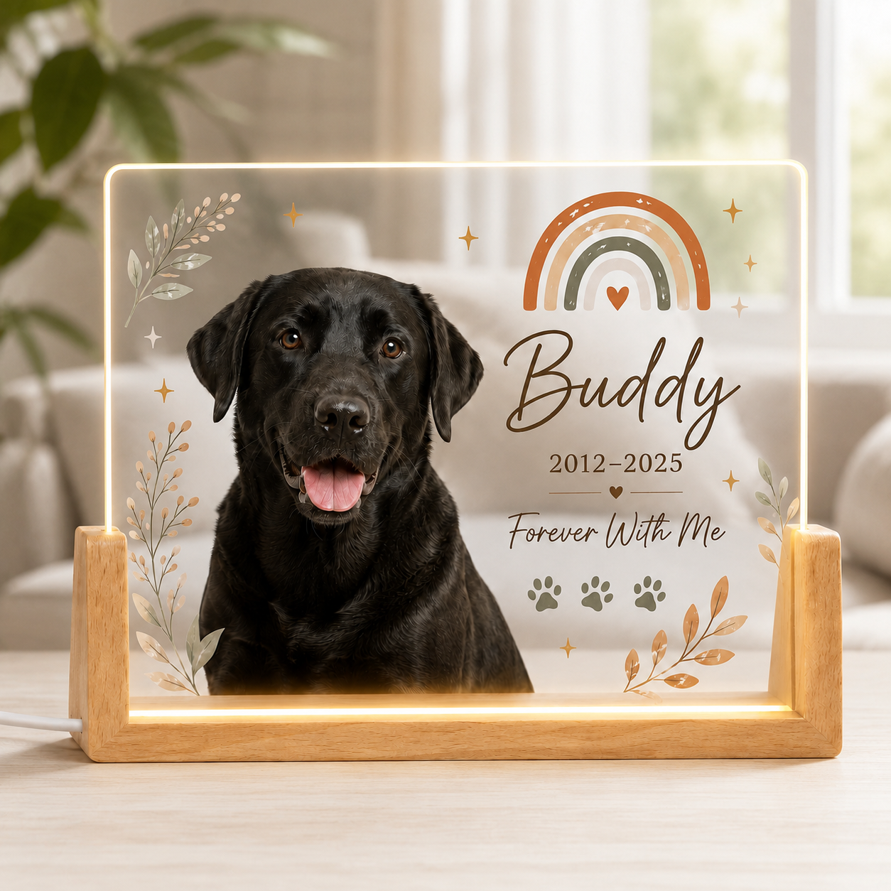 Personalized Boho Rainbow Pet Memorial Night Light – Custom Photo Tribute