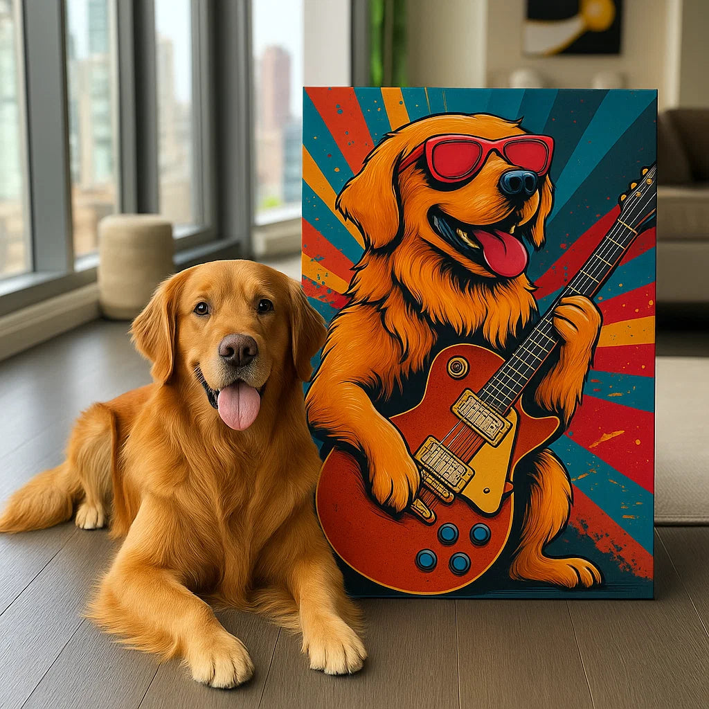 Retrato Personalizado de Mascota - Lienzo de Perro Gato Tocando la Guitarra