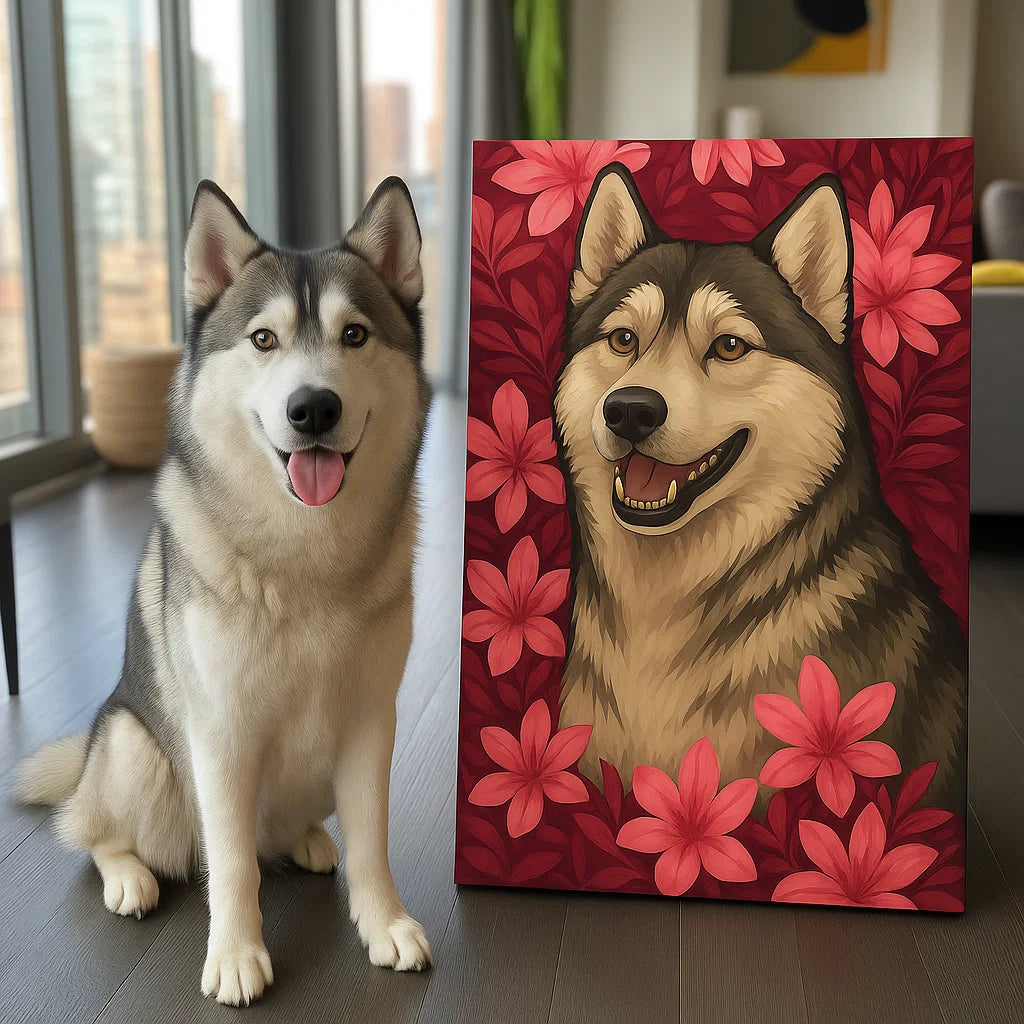 Retrato Personalizado de Mascota - Lienzo de Retrato de Perro Gato con Flores Personalizado