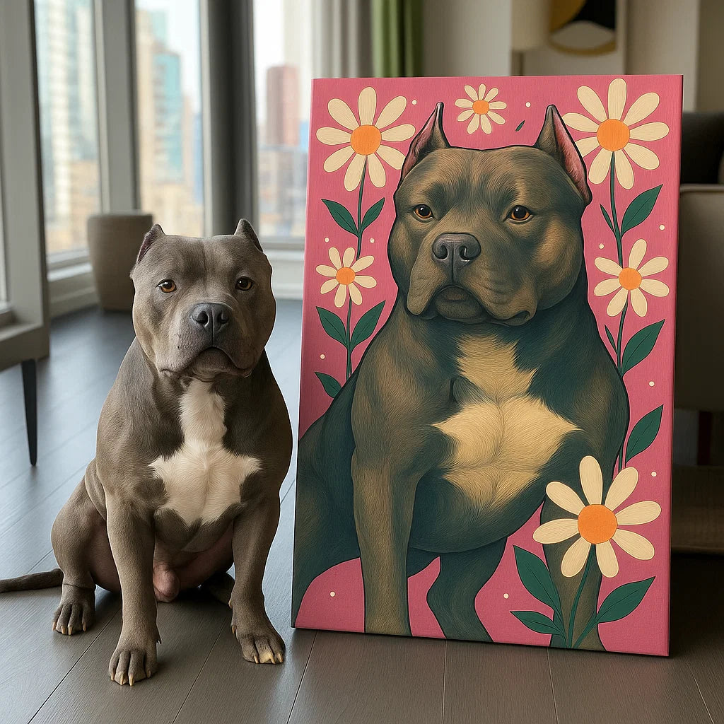 Retrato de mascota personalizado - Lienzo con retrato de perro o gato y flores personalizadas