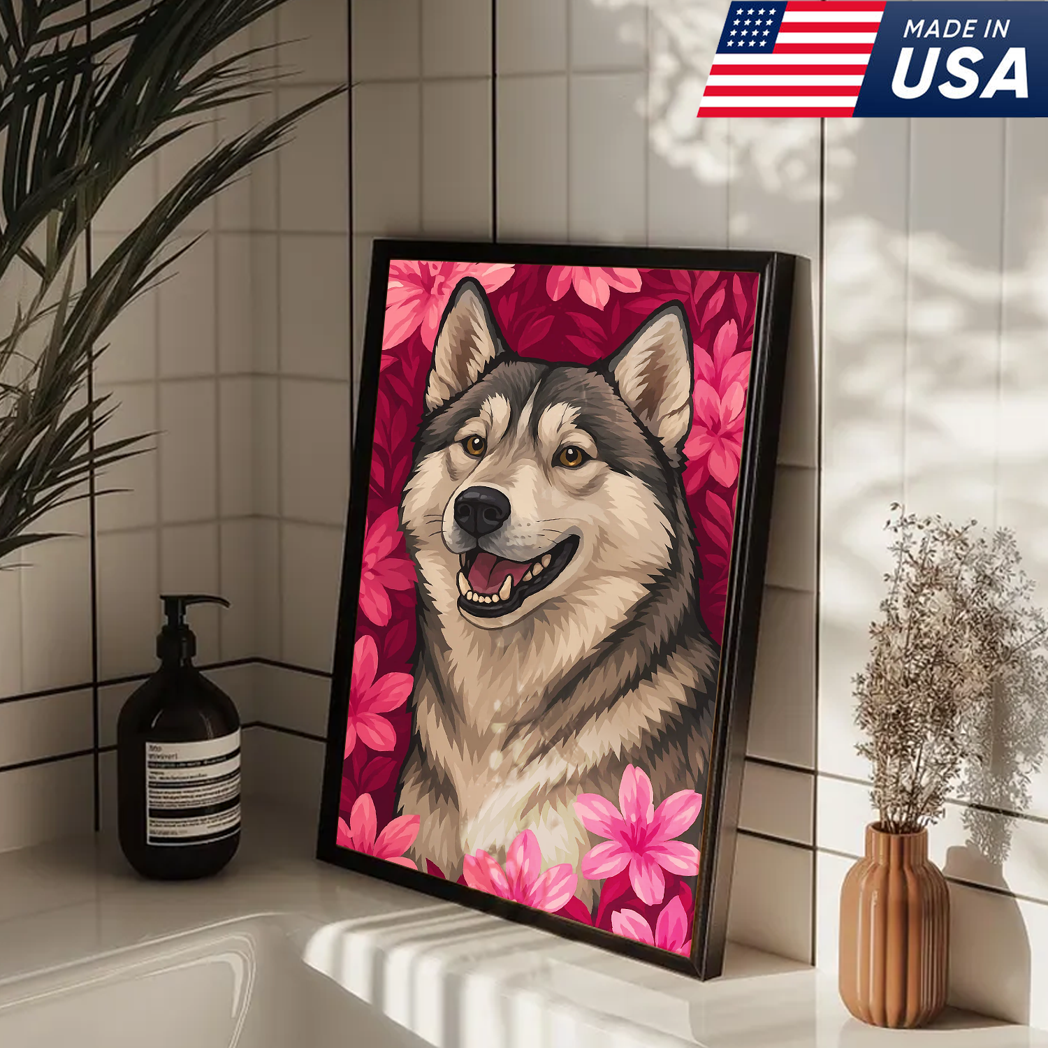 Retrato Personalizado de Mascota - Lienzo de Retrato de Perro Gato con Flores Personalizado