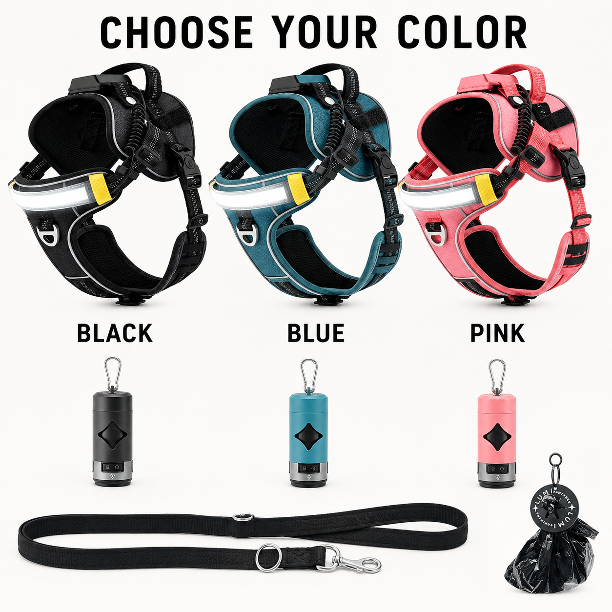 Dog Night Walking Kit – Light-Up Harness, Leash & Cleanup Accessories