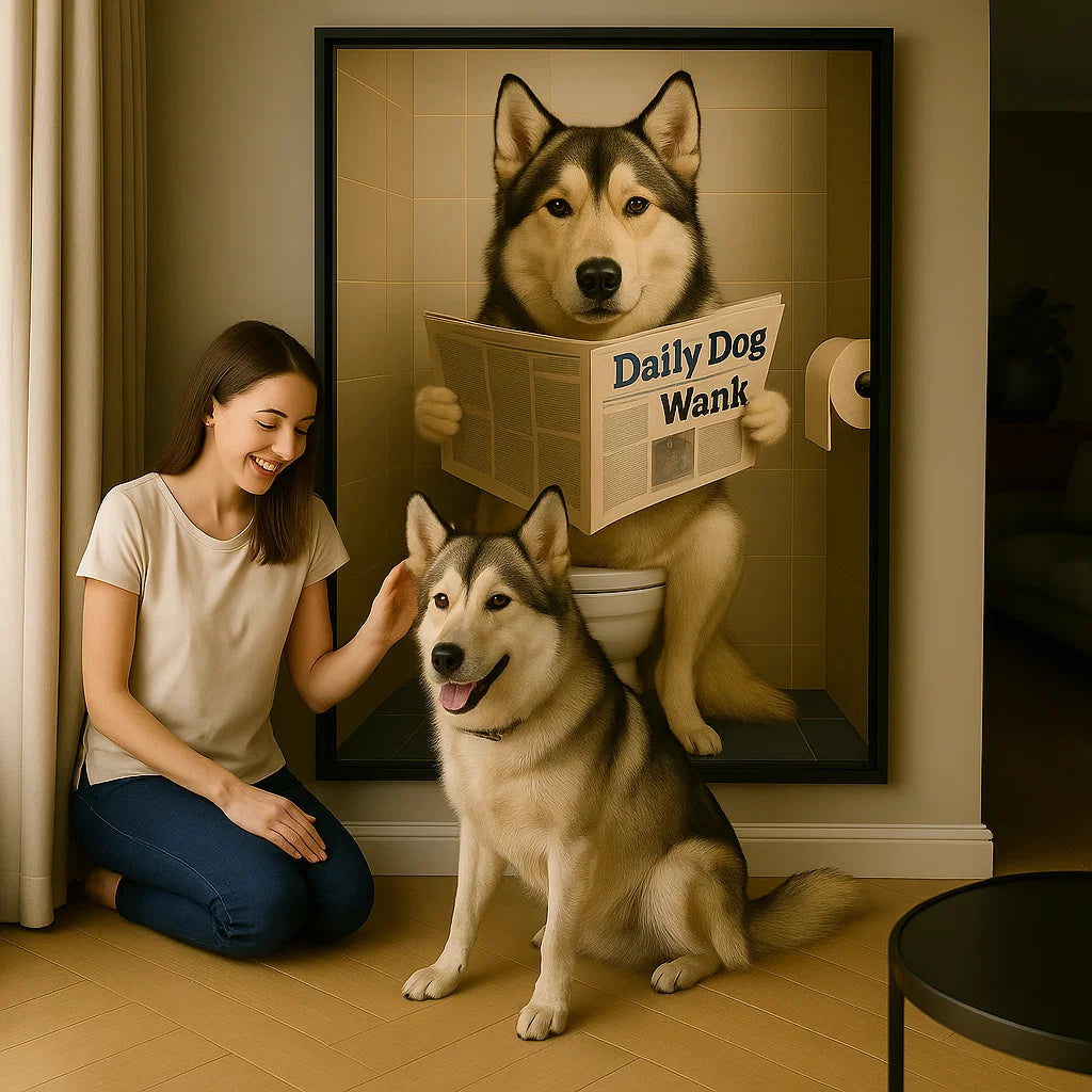 Retrato personalizado de mascota - Perro leyendo el periódico en el baño