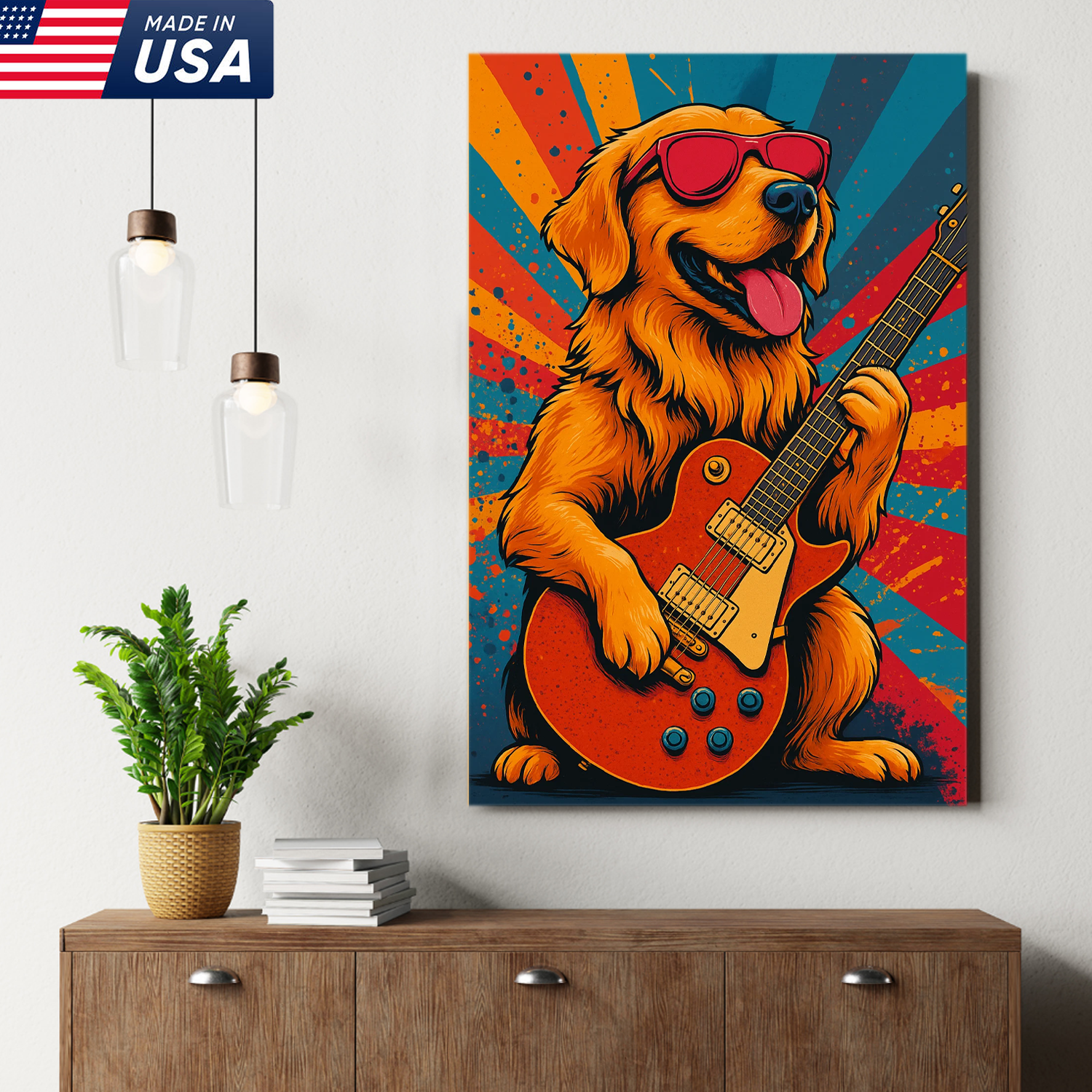 Retrato Personalizado de Mascota - Lienzo de Perro Gato Tocando la Guitarra