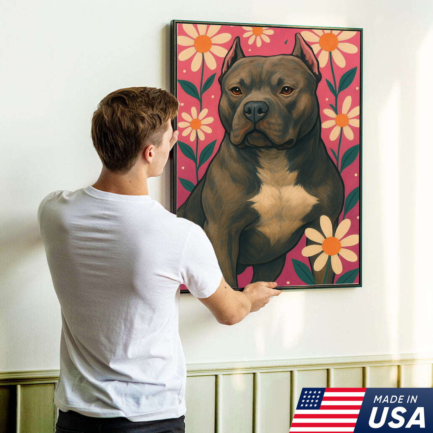 Retrato de mascota personalizado - Lienzo con retrato de perro o gato y flores personalizadas