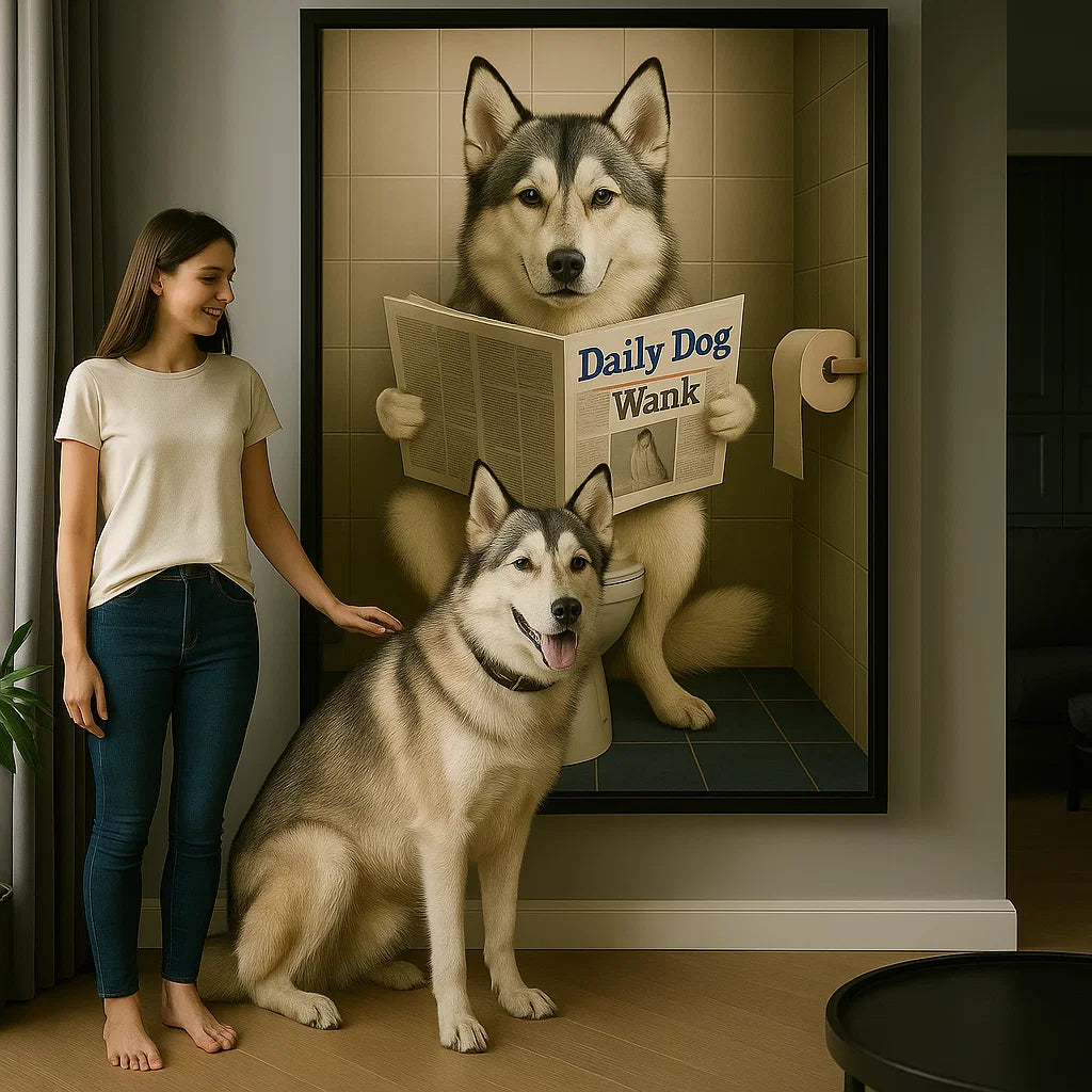Retrato personalizado de mascota - Perro leyendo el periódico en el baño