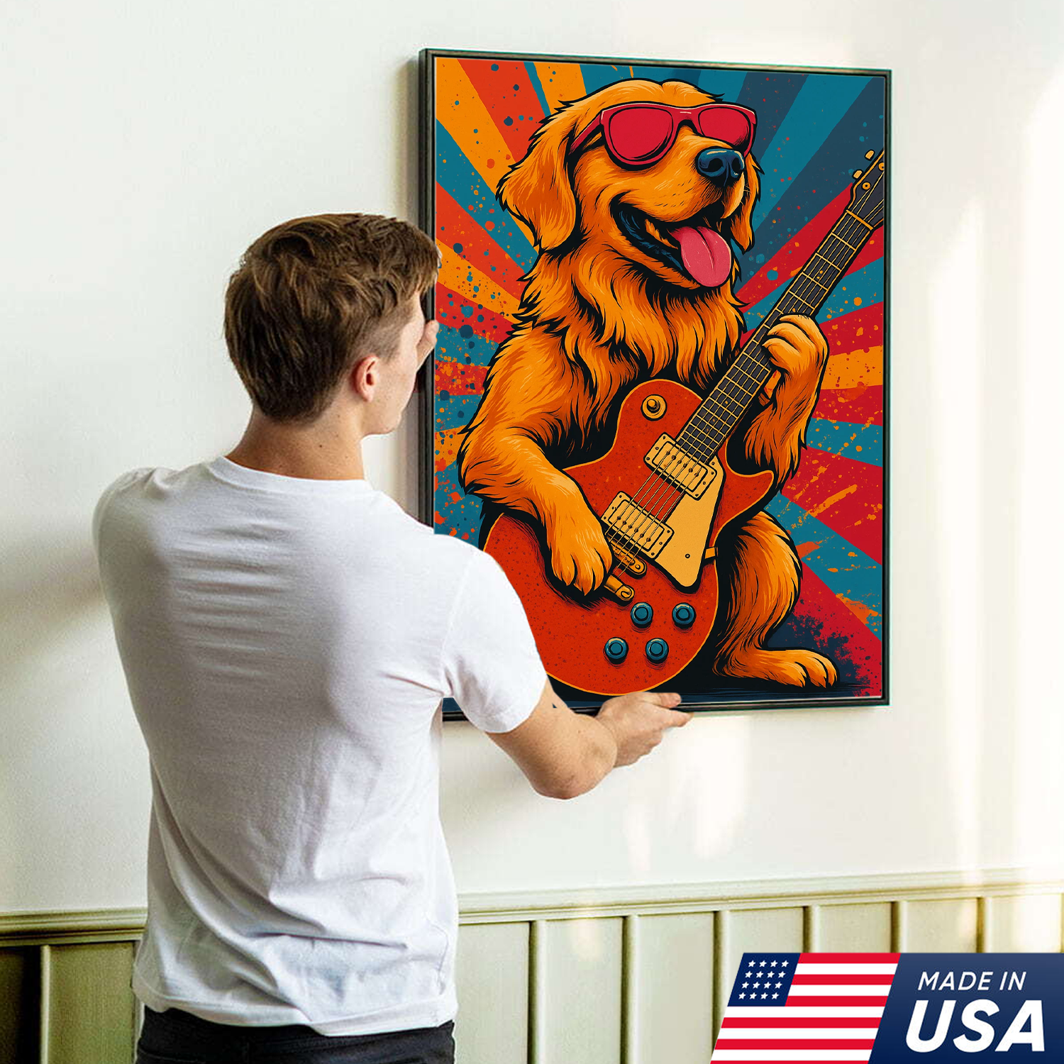Retrato Personalizado de Mascota - Lienzo de Perro Gato Tocando la Guitarra