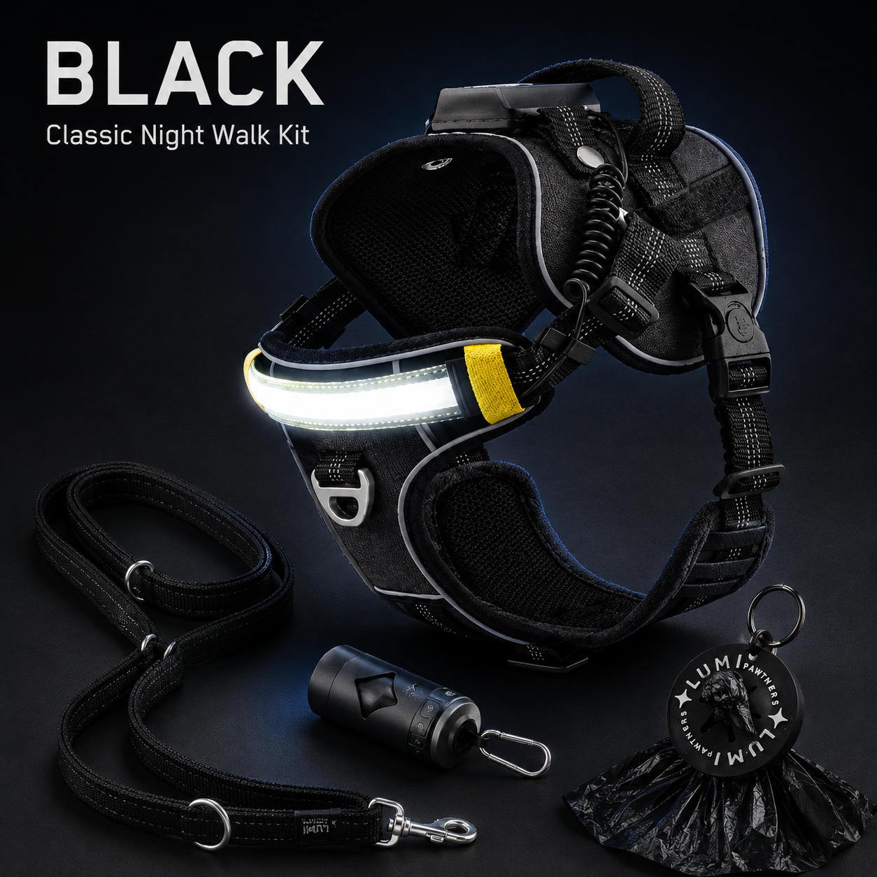 Dog Night Walking Kit – Light-Up Harness, Leash & Cleanup Accessories