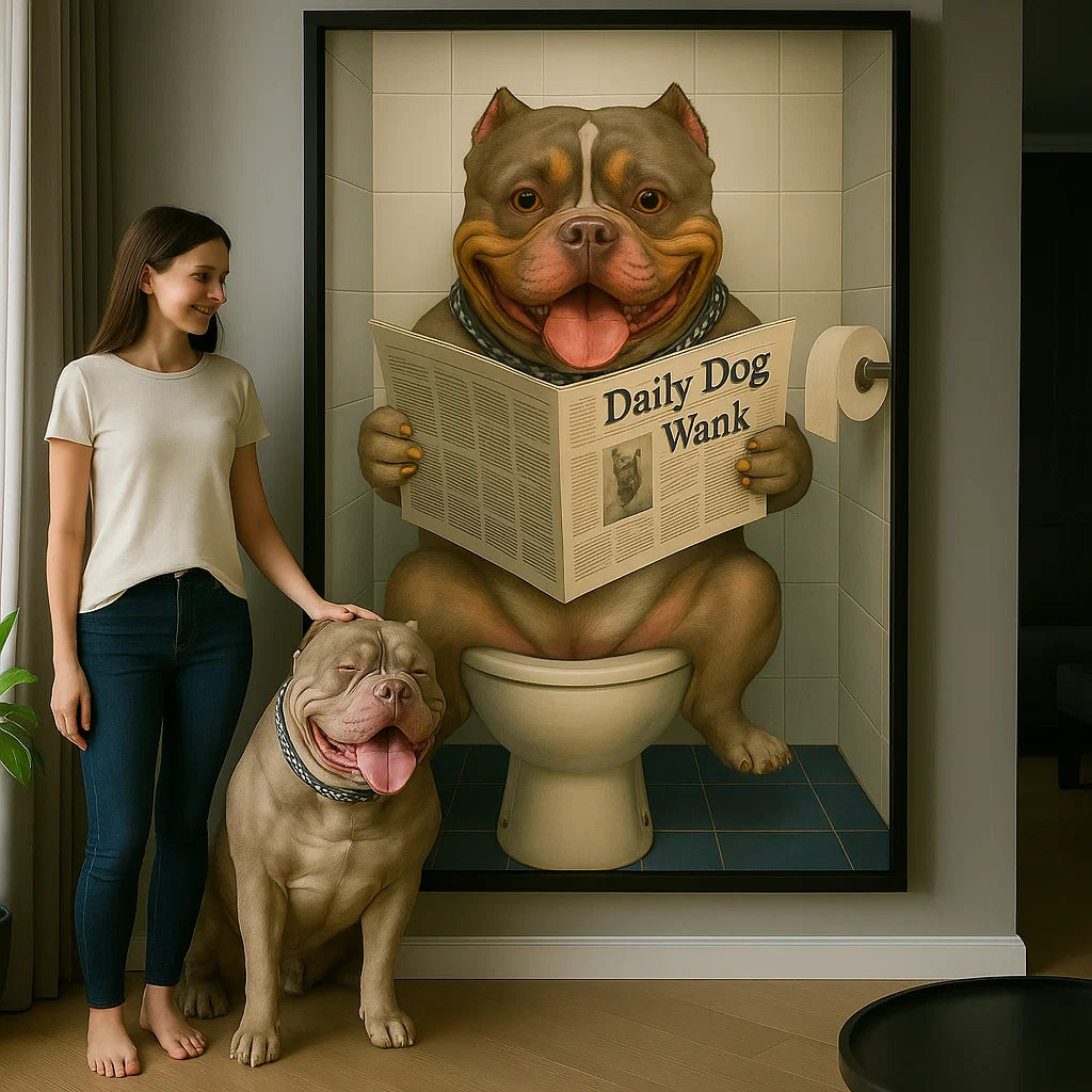 Retrato personalizado de mascota - Perro leyendo el periódico en el baño