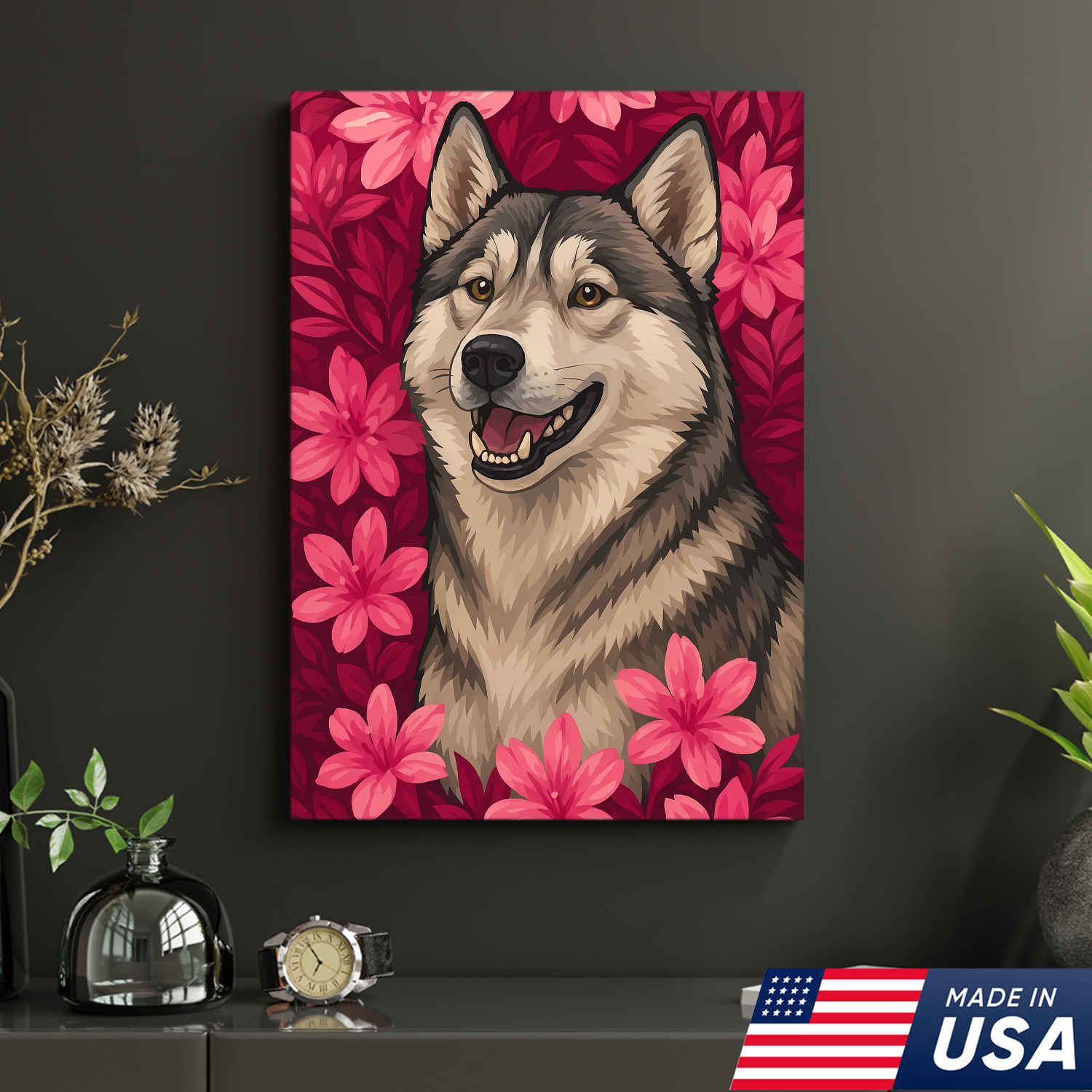 Retrato Personalizado de Mascota - Lienzo de Retrato de Perro Gato con Flores Personalizado