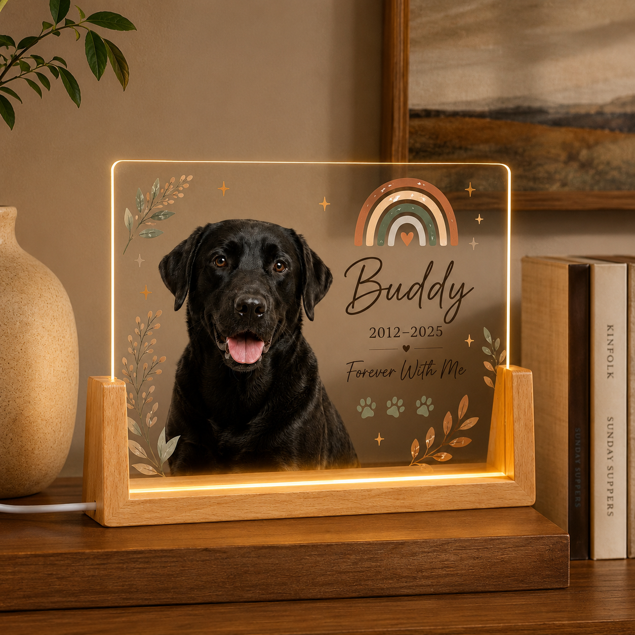 Personalized Boho Rainbow Pet Memorial Night Light – Custom Photo Tribute