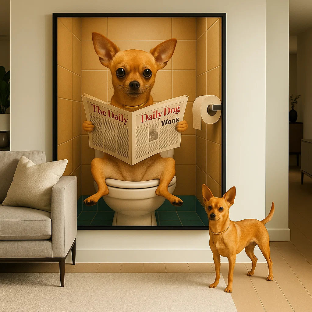 Retrato personalizado de mascota - Perro leyendo el periódico en el baño