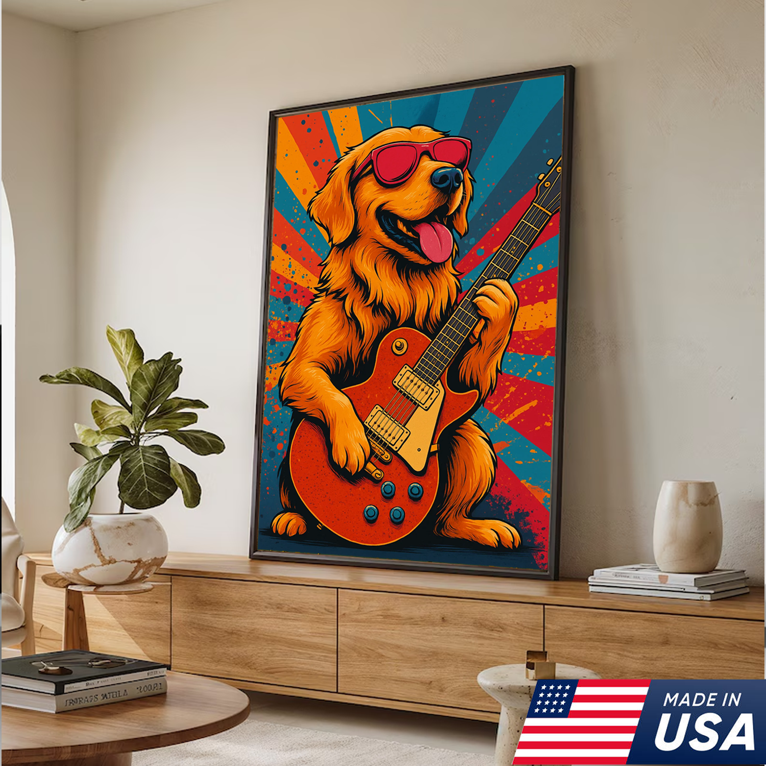 Retrato Personalizado de Mascota - Lienzo de Perro Gato Tocando la Guitarra