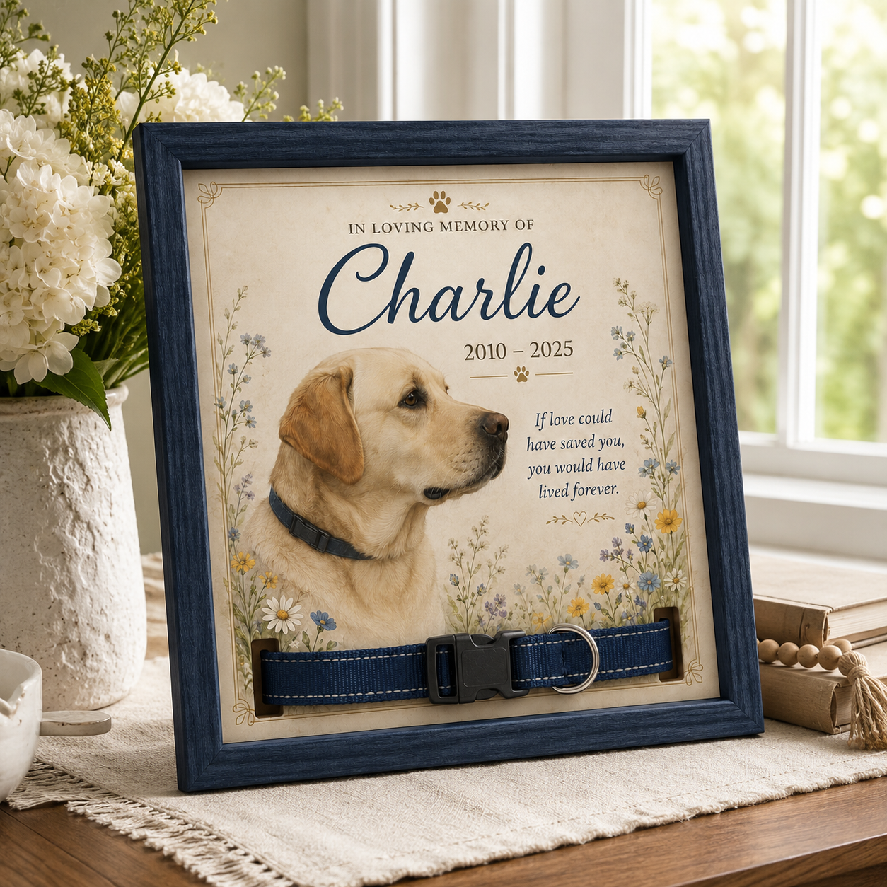 Personalized Floral Pet Memorial Collar Frame – Custom Dog & Cat Tribute