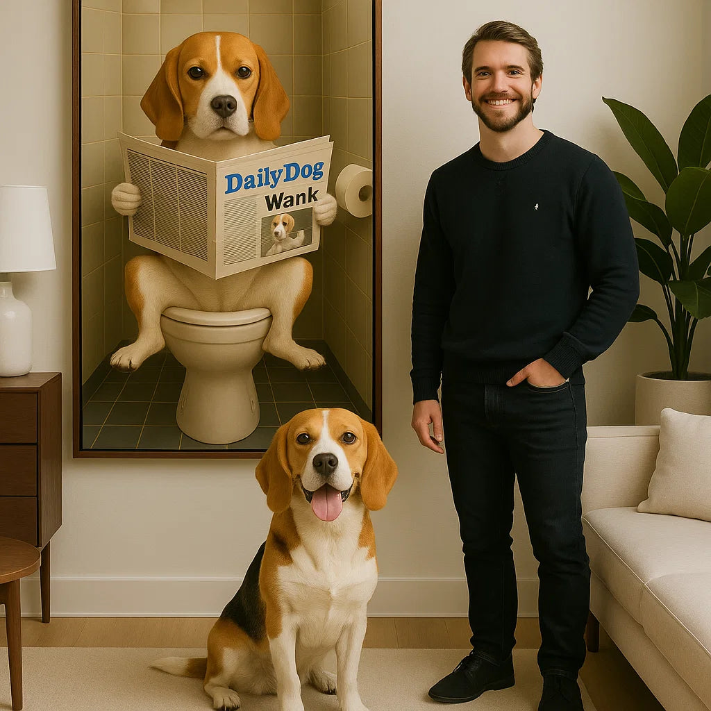 Retrato personalizado de mascota - Perro leyendo el periódico en el baño