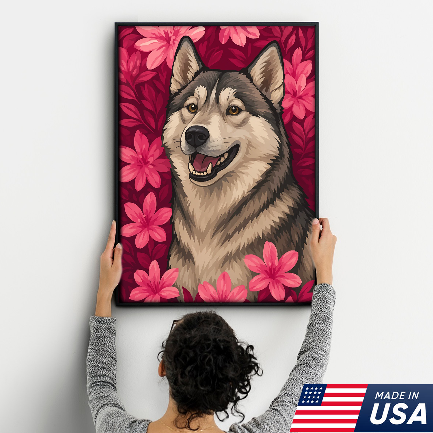 Retrato Personalizado de Mascota - Lienzo de Retrato de Perro Gato con Flores Personalizado