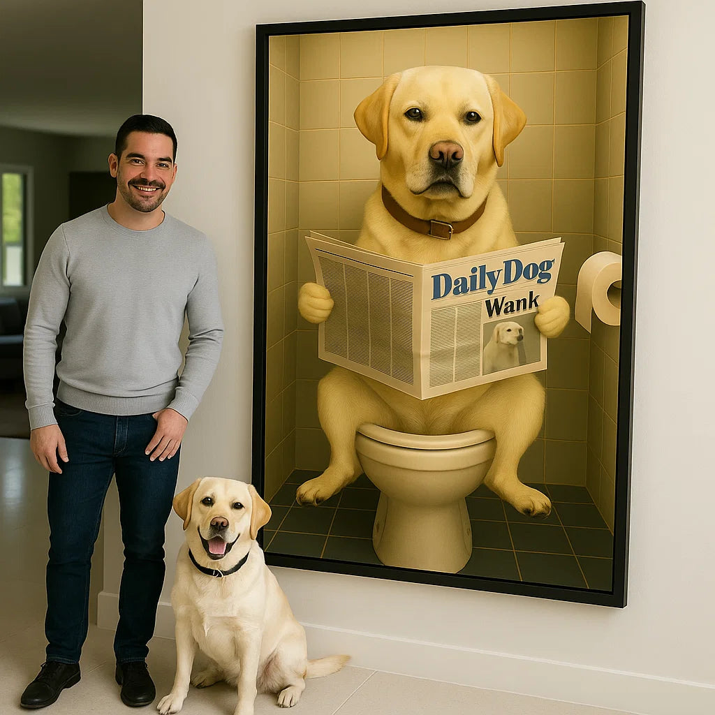 Retrato personalizado de mascota - Perro leyendo el periódico en el baño