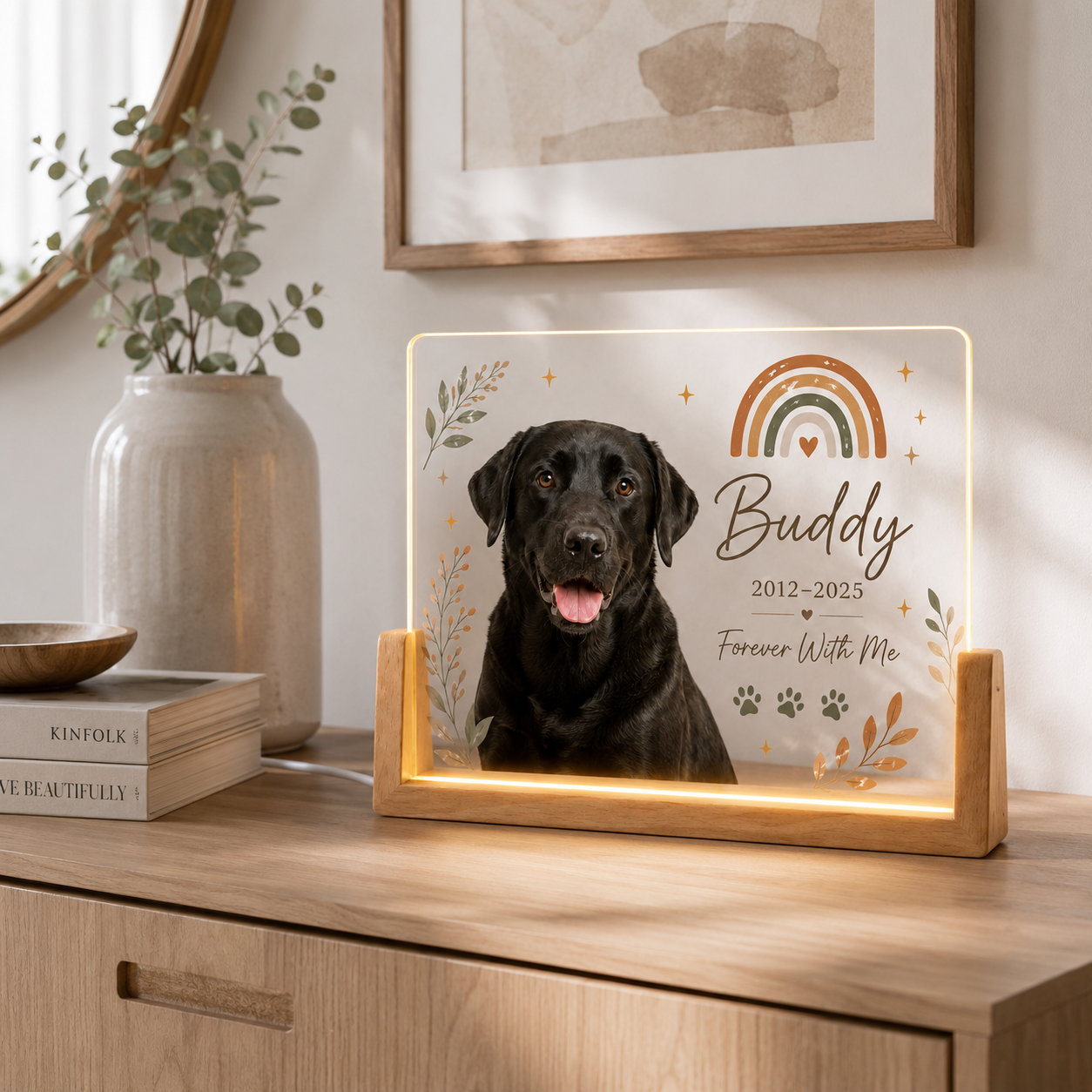 Personalized Boho Rainbow Pet Memorial Night Light – Custom Photo Tribute