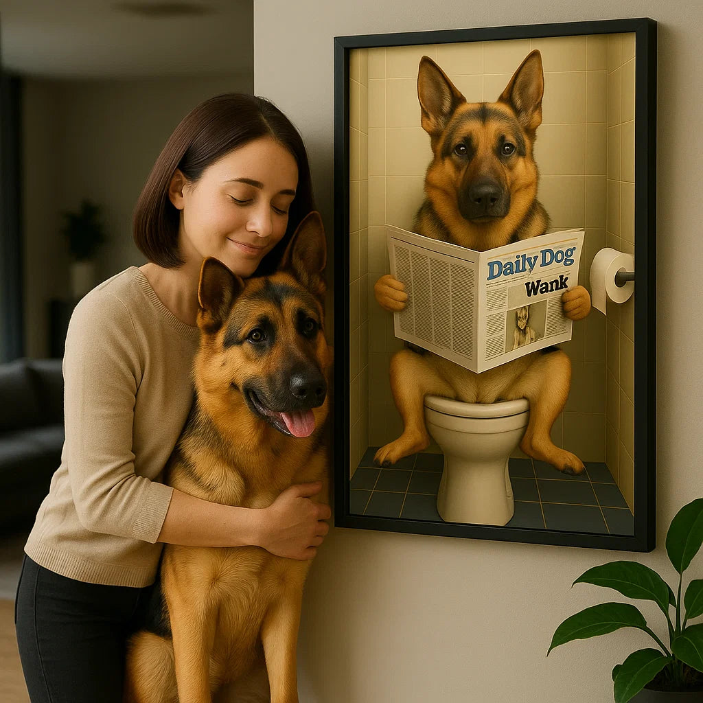 Retrato personalizado de mascota - Perro leyendo el periódico en el baño