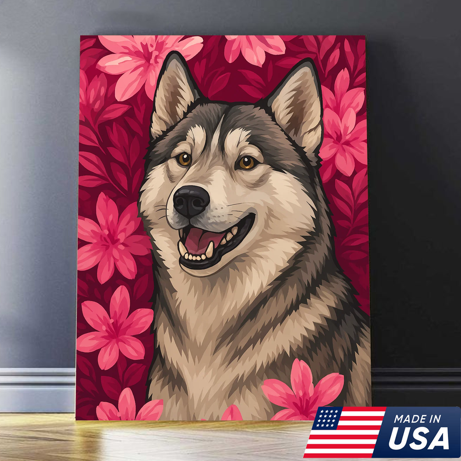 Retrato Personalizado de Mascota - Lienzo de Retrato de Perro Gato con Flores Personalizado