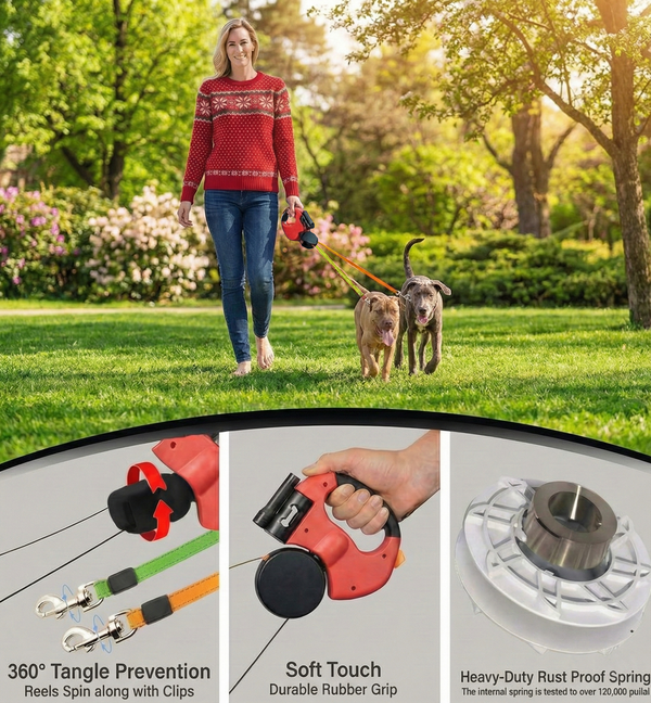 Retractable Double Dog Leash With LED Lights