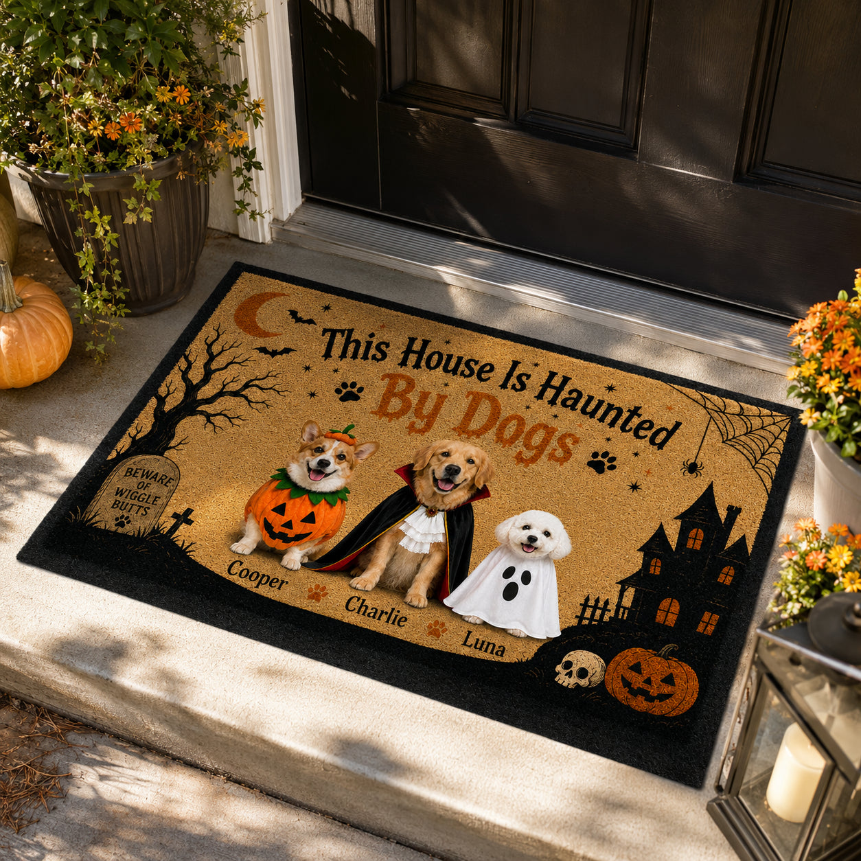 Personalized Halloween Dog Doormat – Custom Pet Photo & Name, Up to 5 Dogs