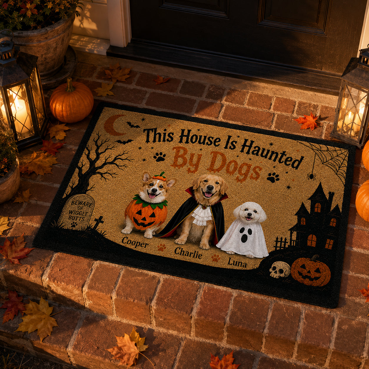 Personalized Halloween Dog Doormat – Custom Pet Photo & Name, Up to 5 Dogs